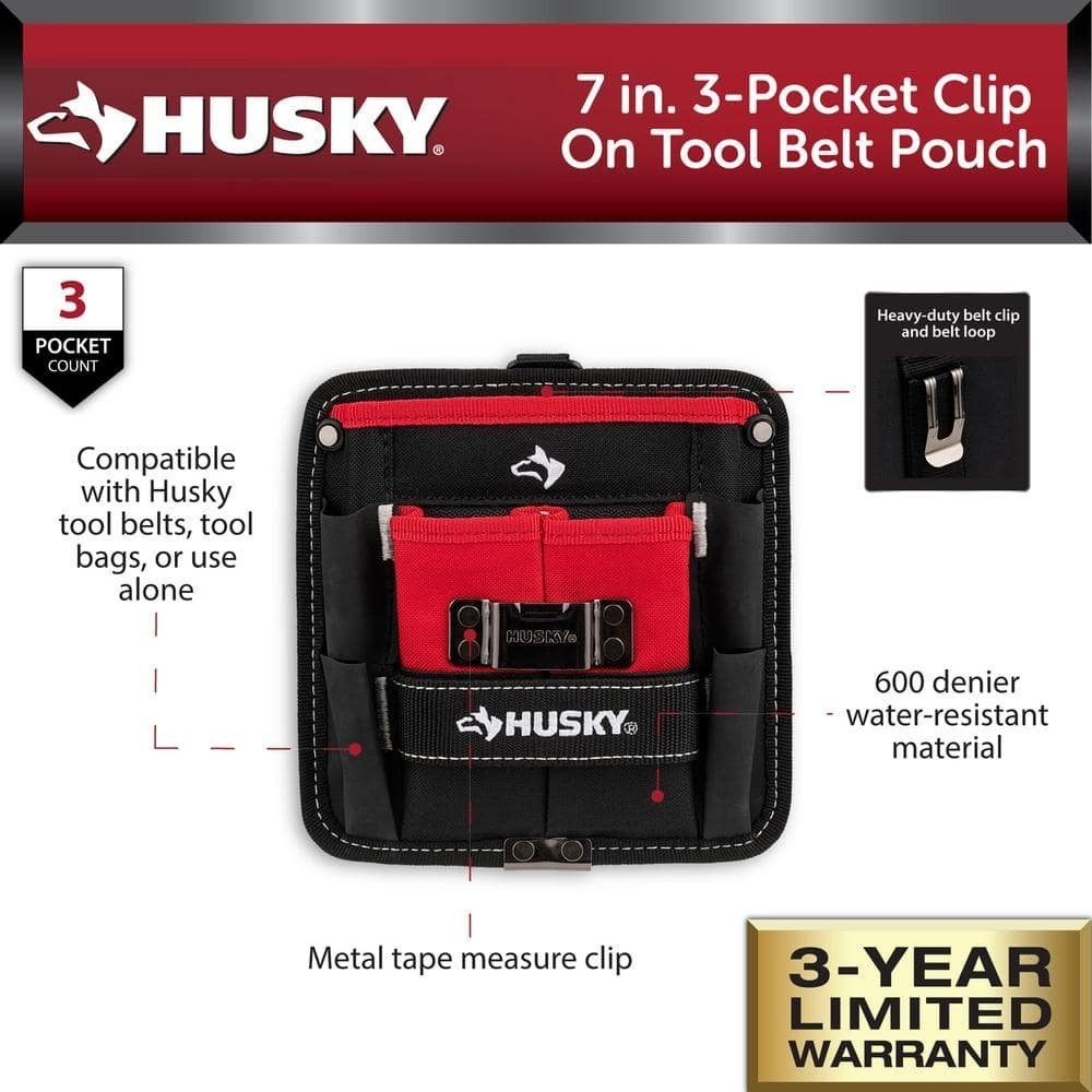 Husky Tool Belt Pouch 3 Pocket Clip On 7 in Water Resistant Heavy Duty Storage