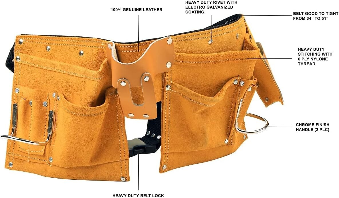 11 Pocket Leather Tool Belt w/ Quick Release Buckle Carpenter Construction Pouch