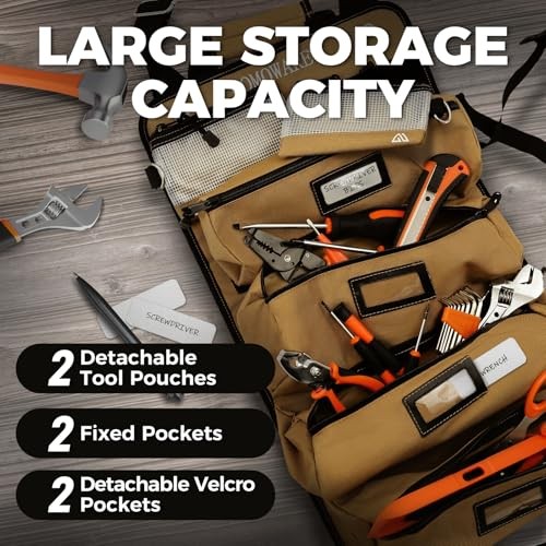 Roll Up Tool Bag, 600D Oxford PVC Coated Tool Organizer with 11 Roll-Up Khaki