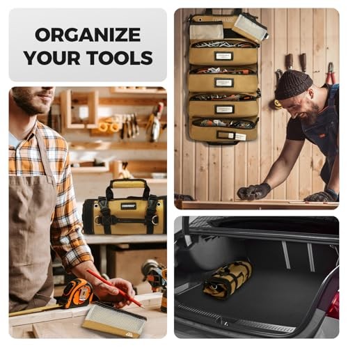 Roll Up Tool Bag, 600D Oxford PVC Coated Tool Organizer with 11 Roll-Up Khaki