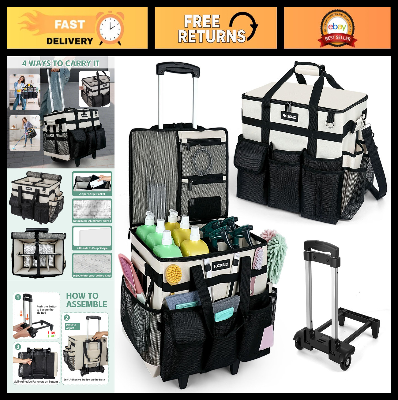 Large Rolling Cleaning Caddy with Wheels, Detachable Trolley, Organizer Bag for