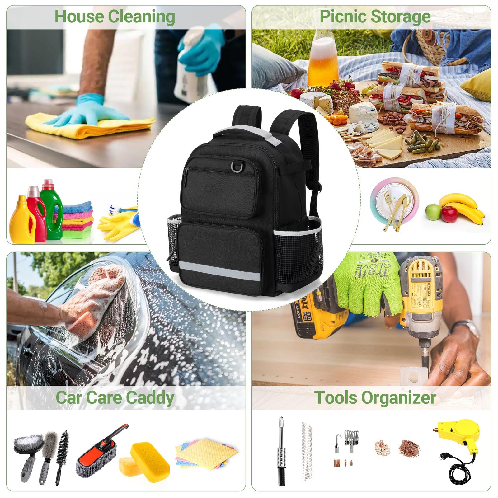 Cleaning Backpack with Bottom Plate & Waterproof Medium, Black