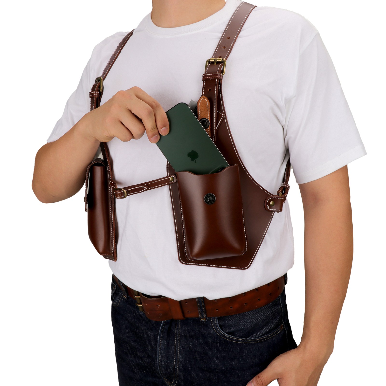 Tourbon Leather Men Harness Tool Holster Underarm Chest Bag Phone Handgun Case