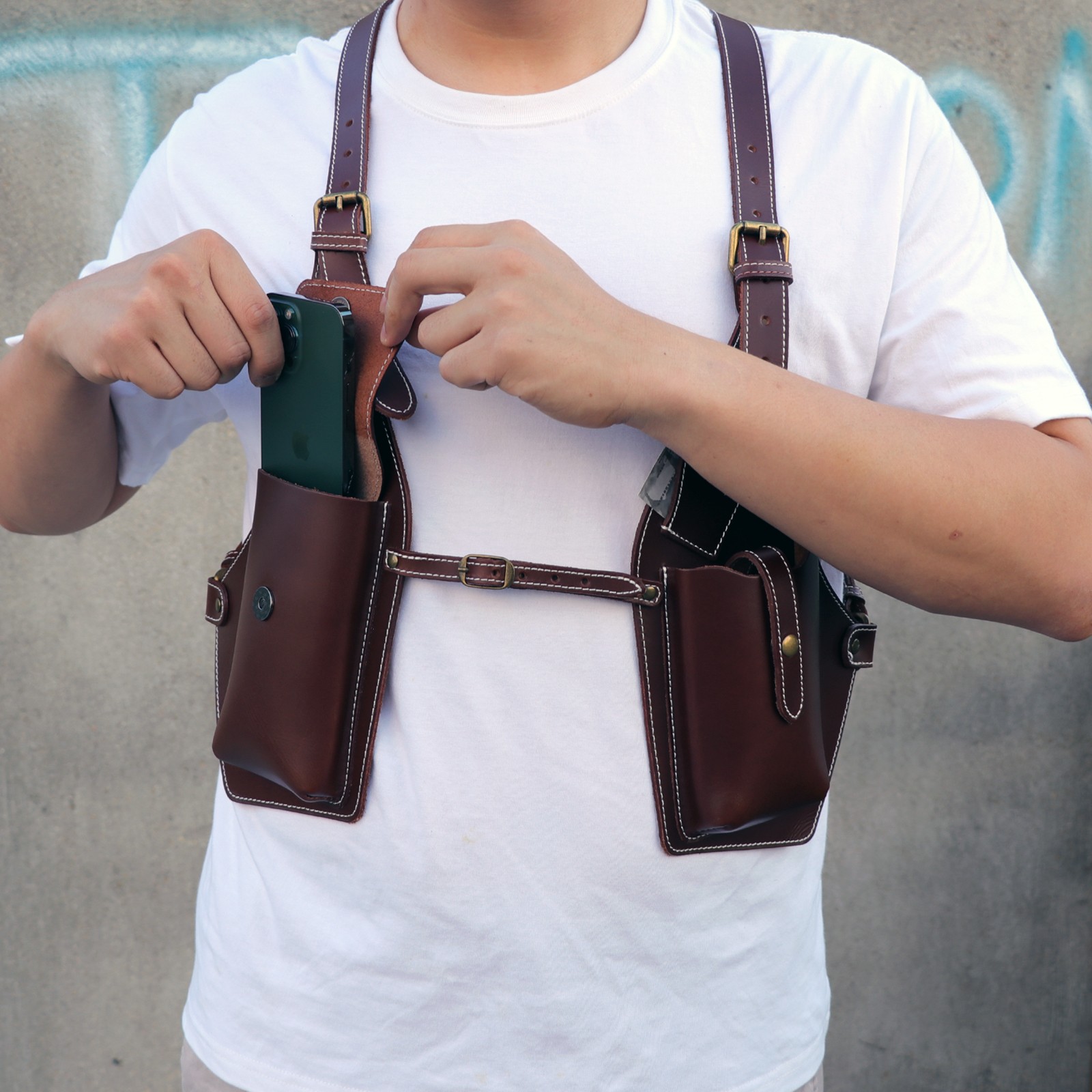 Tourbon Leather Men Harness Tool Holster Underarm Chest Bag Phone Handgun Case