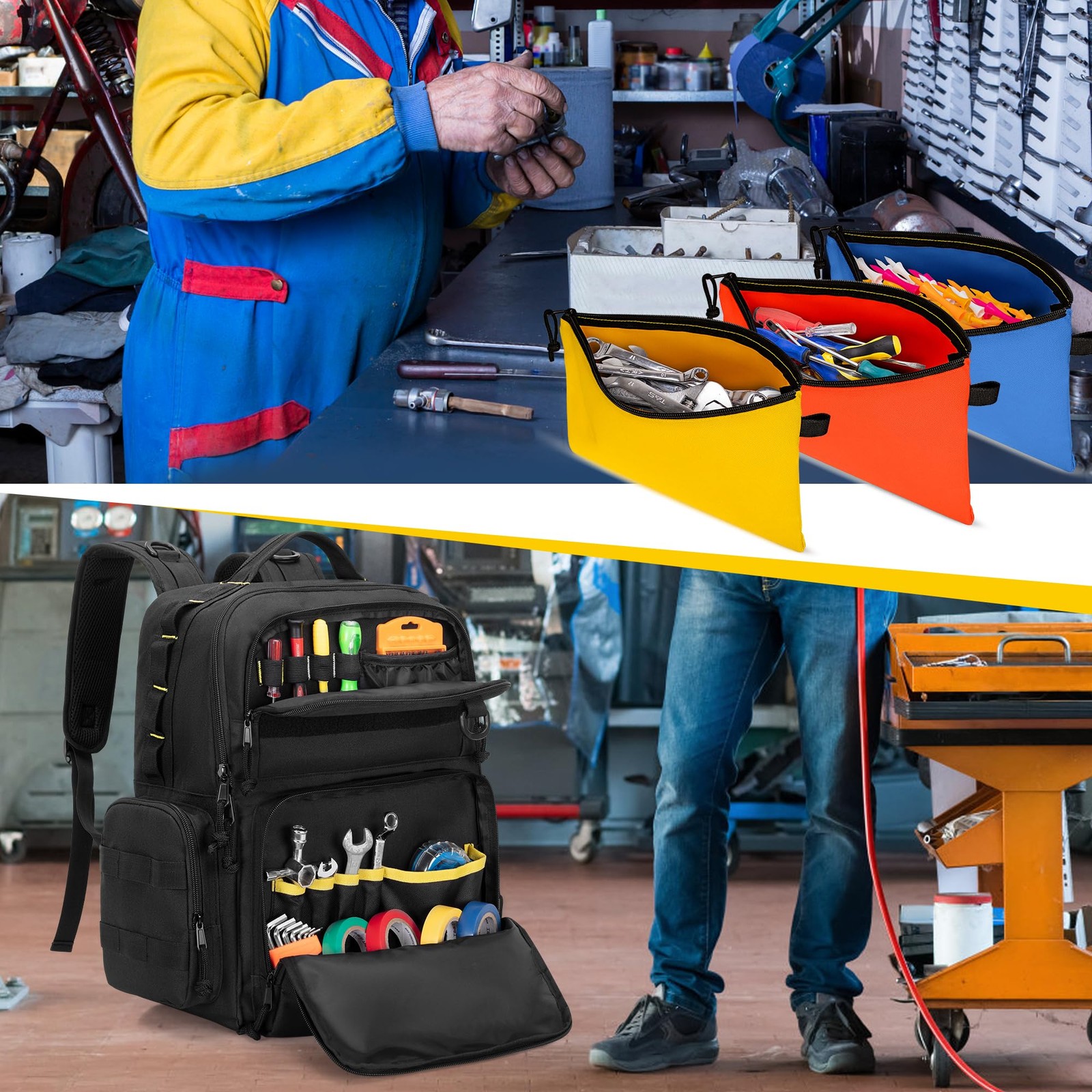 Rexmica Heavy-Duty Tool Bag Backpack with 3 Tool Pouches, Black