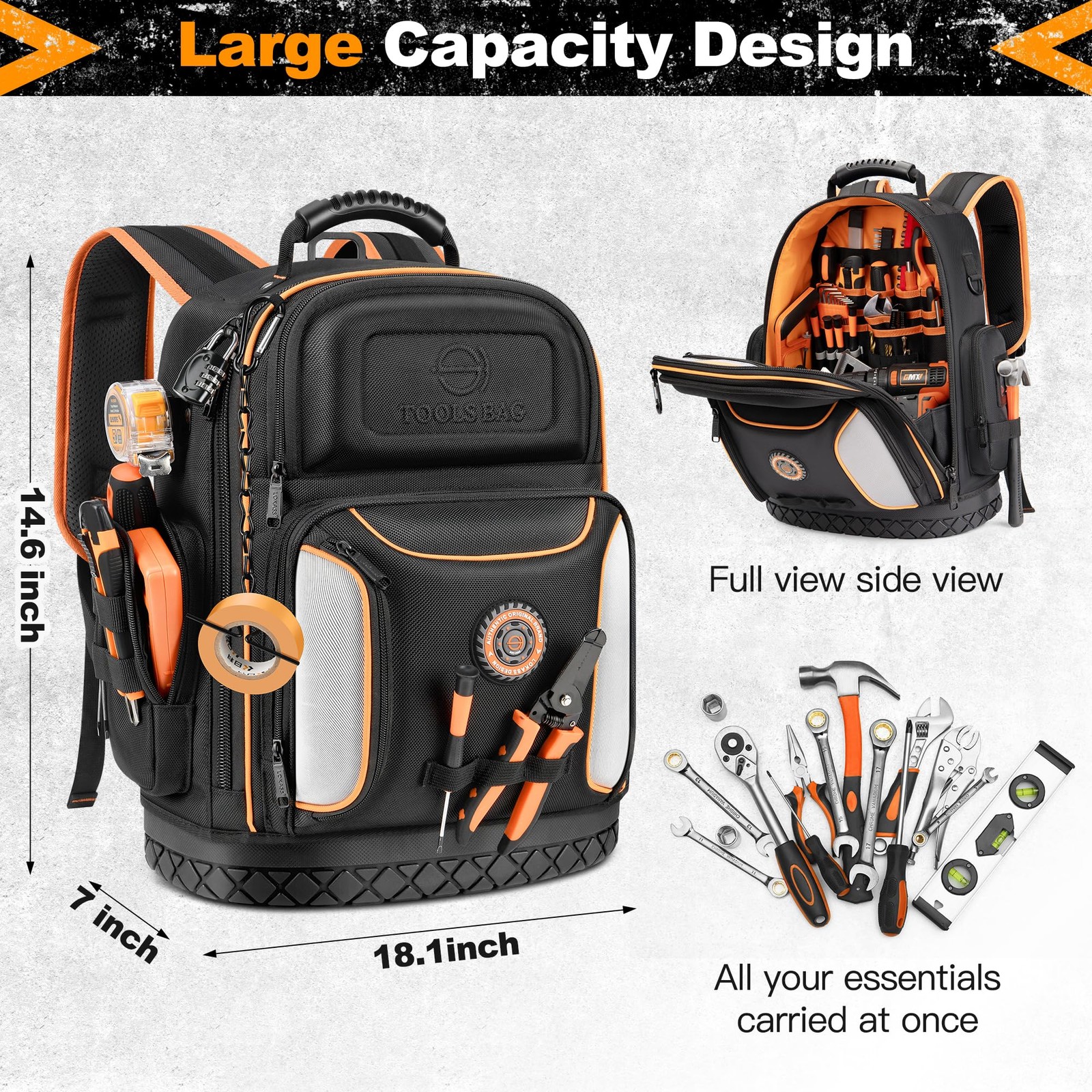 LOKASS 8505 Tool Bag Backpack Large 75 Pockets Molded Base Combination Lock
