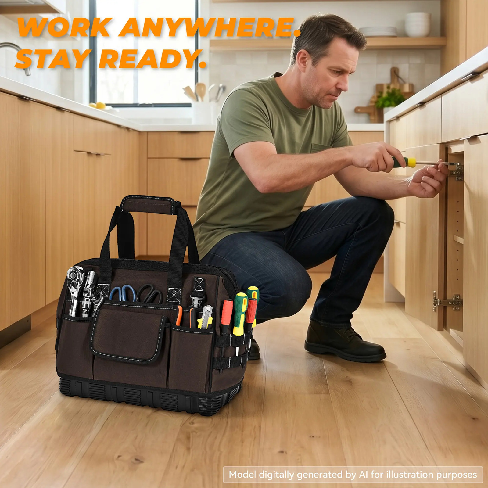 Sturdum Heavy Duty Canvas Tool Bag, Wide Mouth Tool Tote w/Hard Base & Strap
