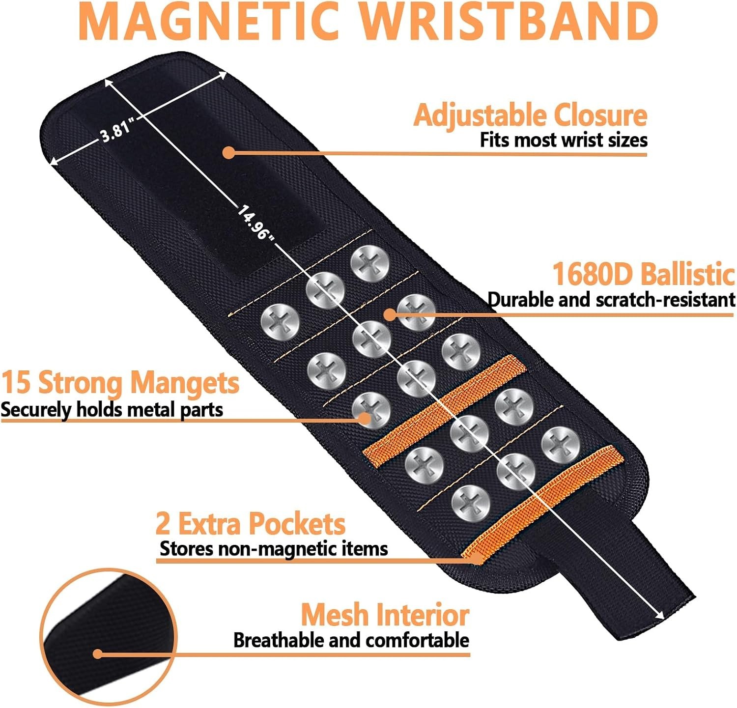 Magnetic Wristband for Tools, Screws, Nails and Drill Bits, Made from 15 Stro…