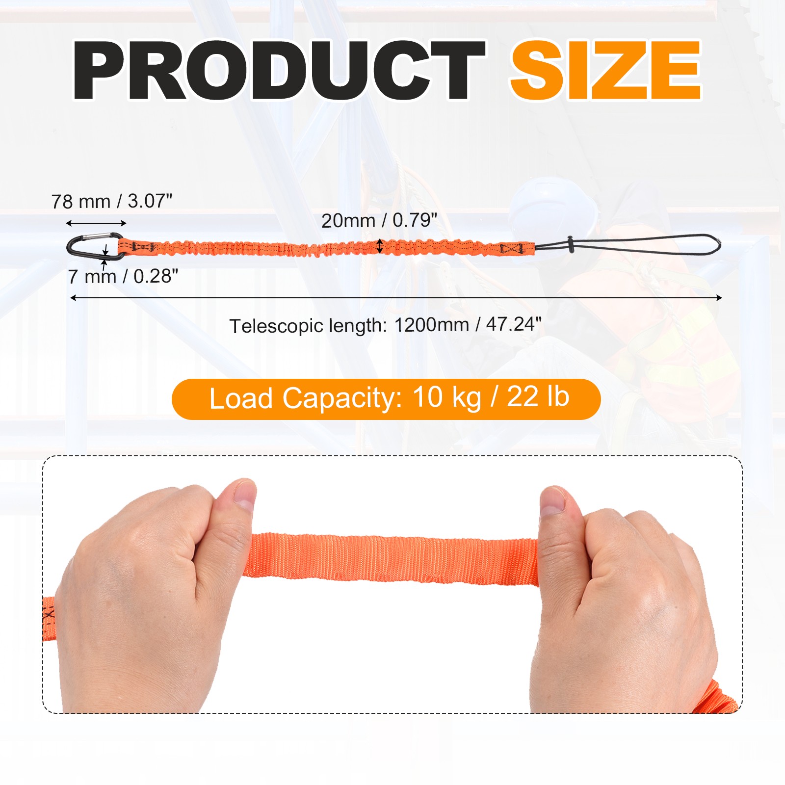 Tool Lanyard with Hook Fastening Tape Loop End (10kg/22lb), (Orange)