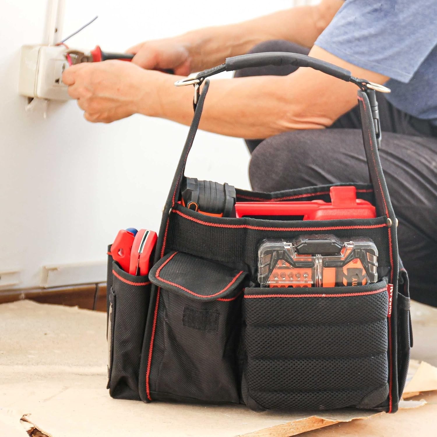 Tool Tote Electrician Tool Bag 18-Pockets Open Top Tool Bag W/ Removable