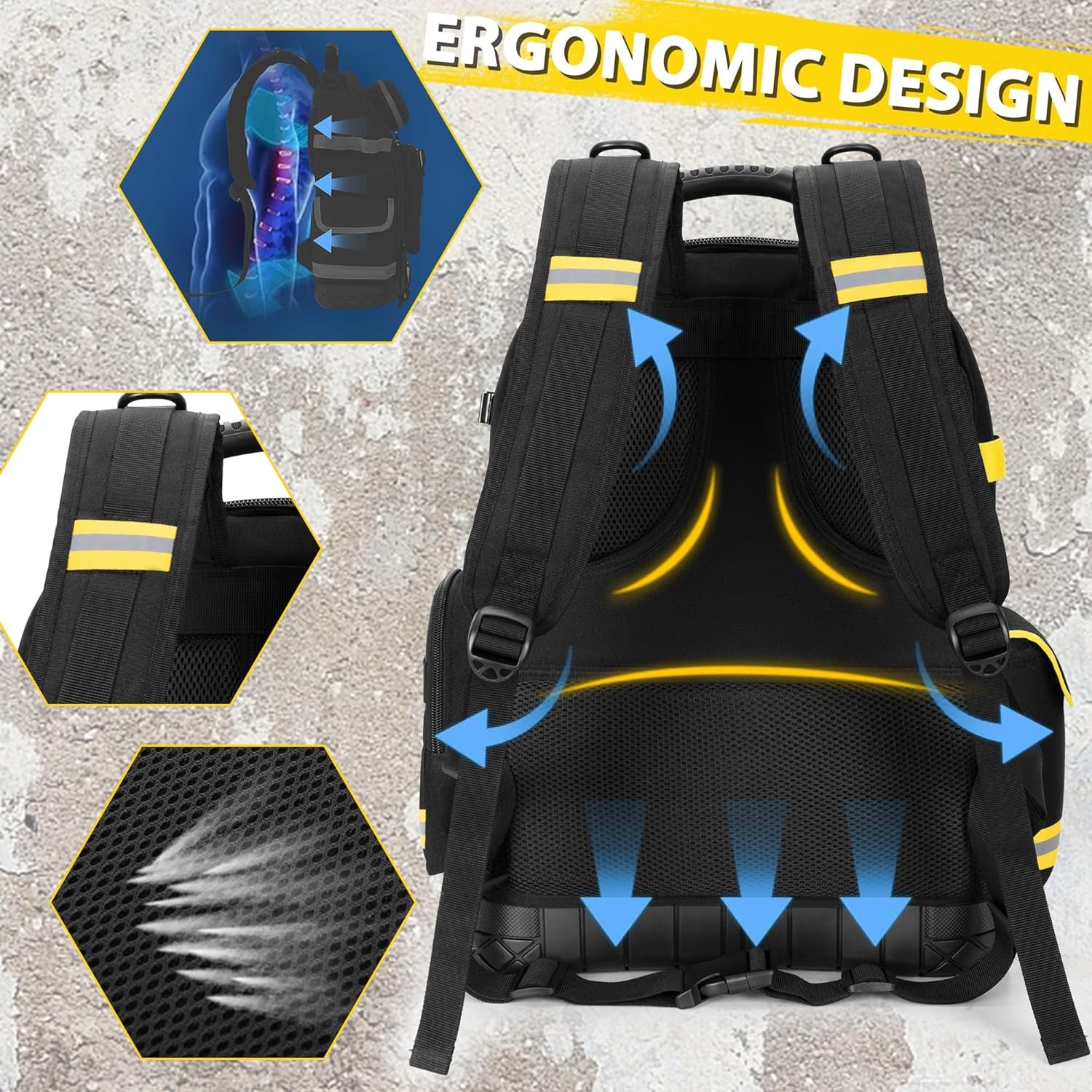 Tool Backpack with Hard Bottom and 3 Pouches, Heavy Duty Tool Organizer