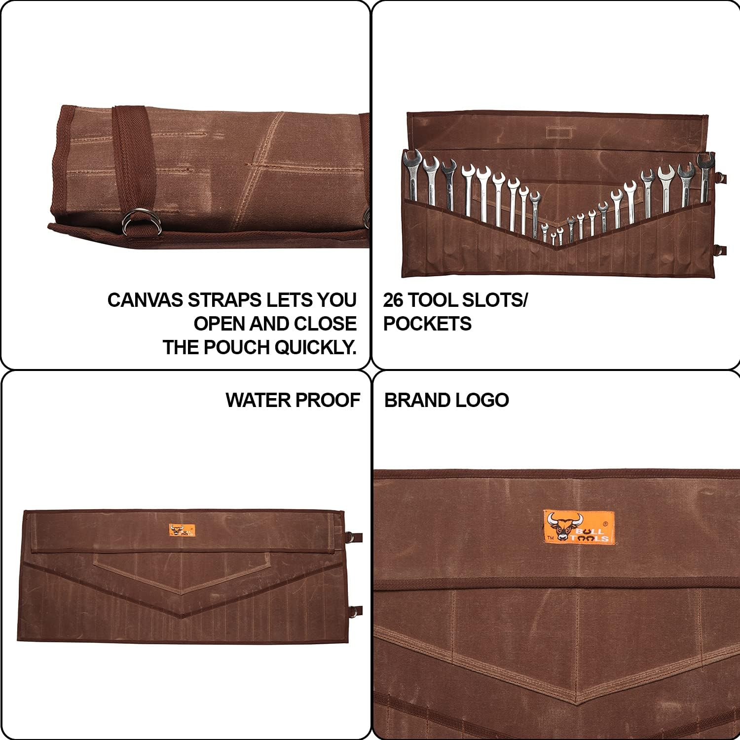 BULL TOOLS 26 Pocket Wrench Organizer Roll-Up Bag Handcrafted Waxed Canvas Tool