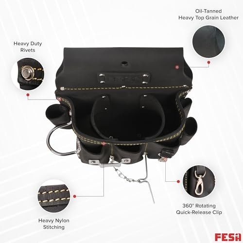 13-in-1 Leather Electrician Tool Pouch w/ Hammer Loop, Tape Measure Clip & 6 Poc