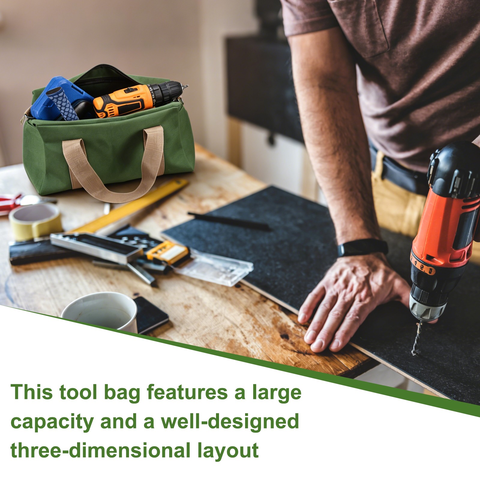 Small Tool Bag, 12 Inch Wide Mouth Tool Organizer Bag, Army Green