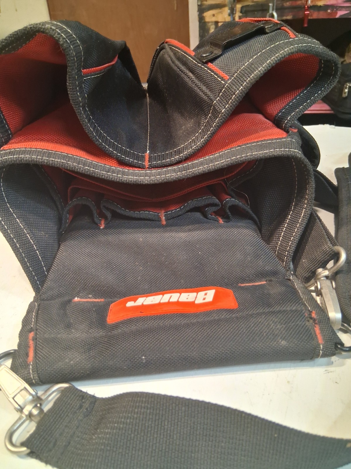 Bauer Black/Red Nylon Tool Pouch w/ Adjustable Shoulder Strap, Multiple Pockets
