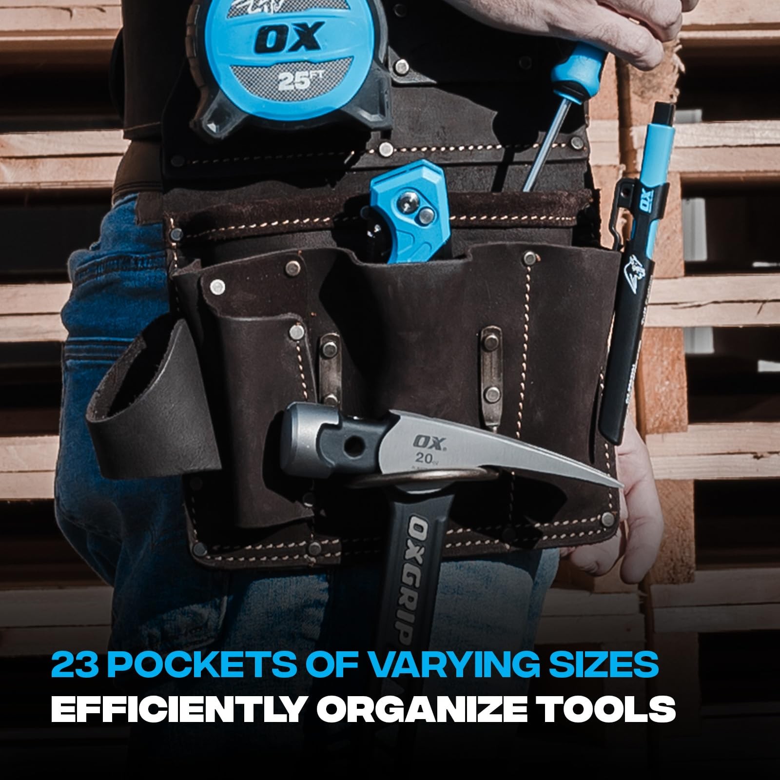Multicolor Leather Tool Belt with 22 Pockets for Construction and Carpentry