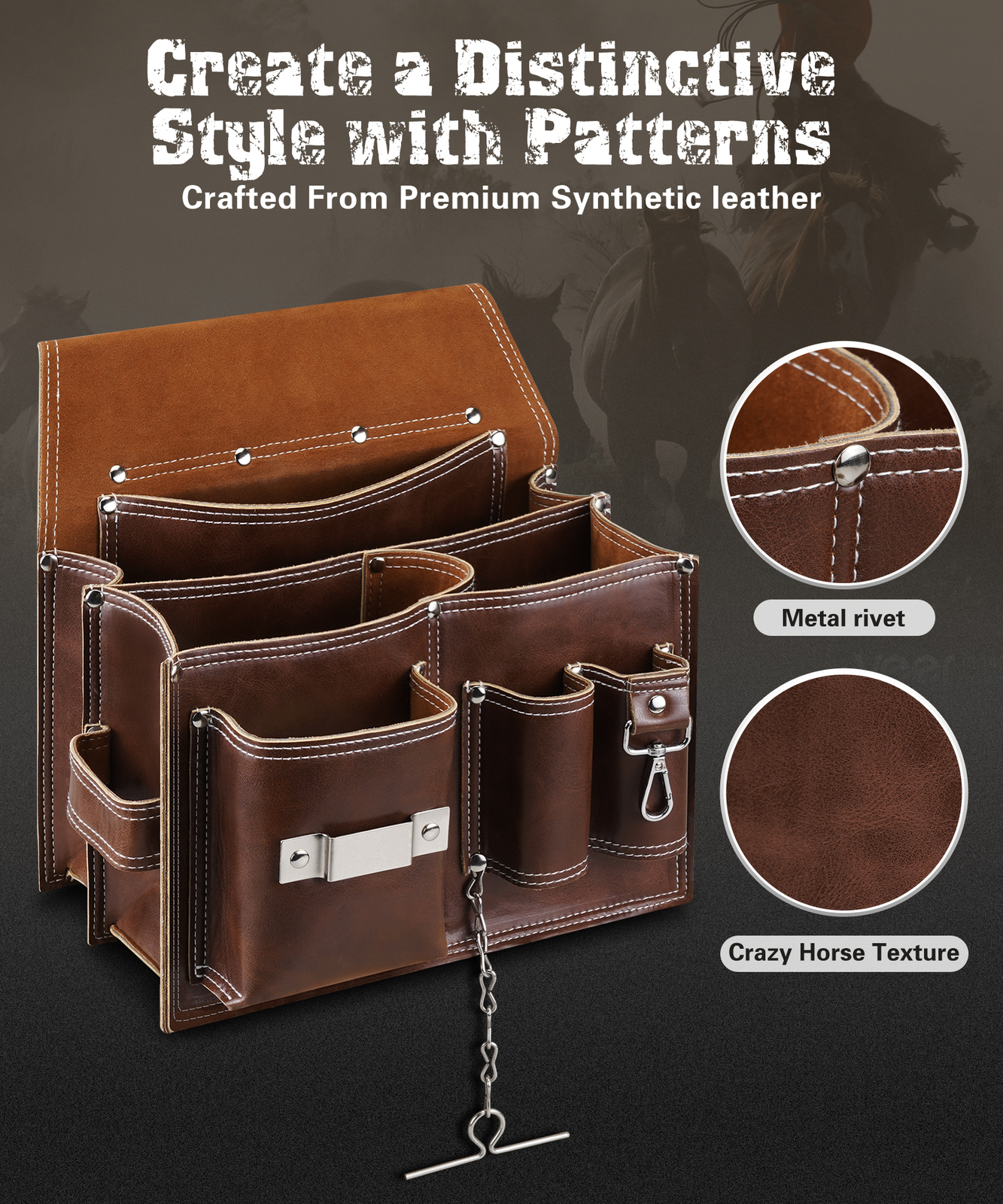 Brown Leather Multi-Pocket Tool Belt Pouch Electrician Work Tool Belt Pouch Bag