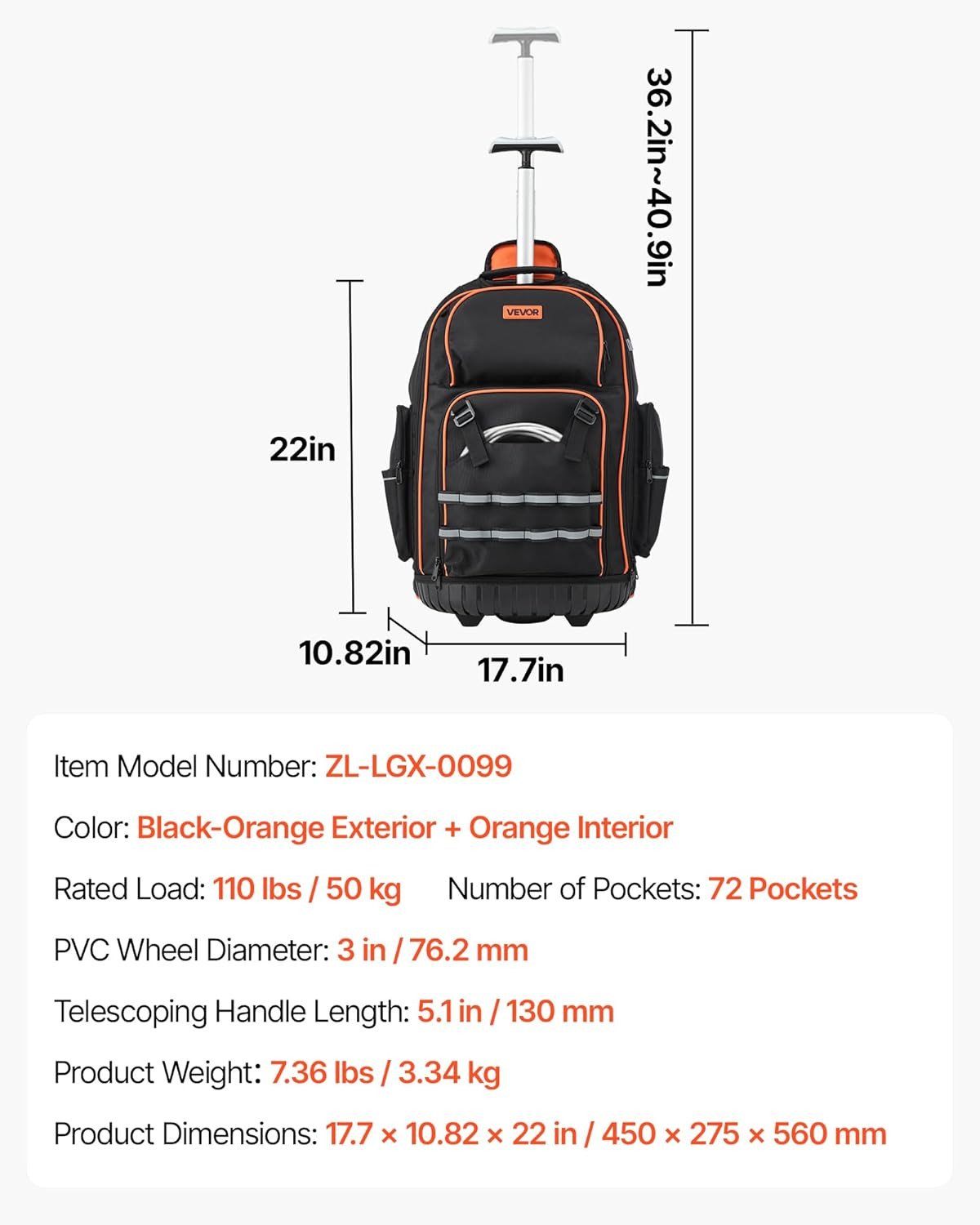 Rolling Tool Backpack, 110 Lbs Load Capacity, 72 Pockets Heavy Duty Roller Tool