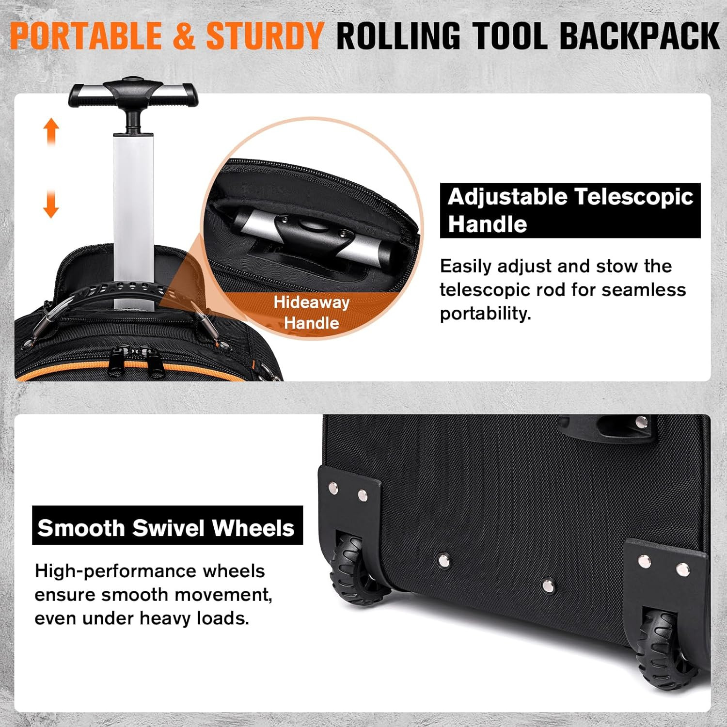 Durable 2-in-1 Rolling Tool Backpack with 47 Pockets & Smooth Wheels