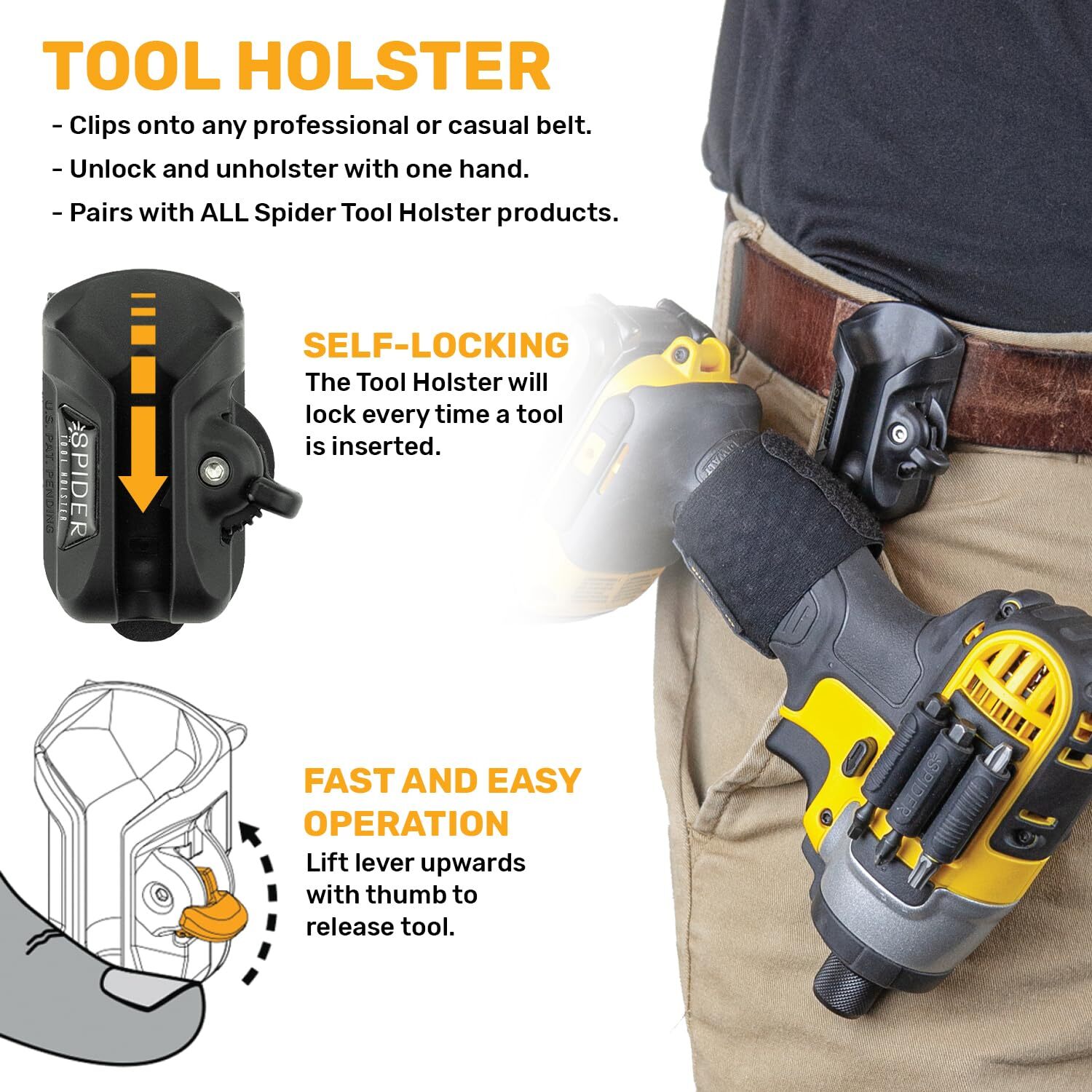 Self-Locking Universal Tool Holster with Quick Draw for Any Tool Belt