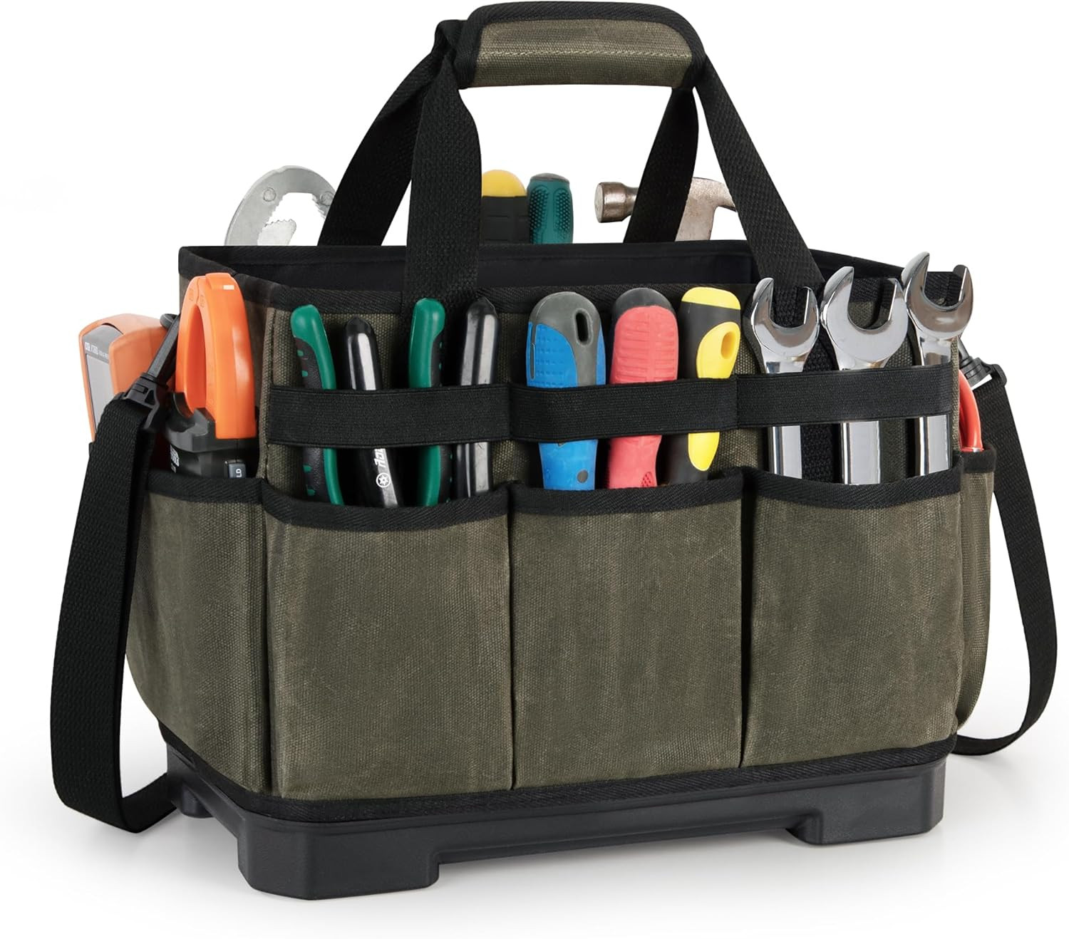 Large Waxed Canvas Tool Bag with Hard Bottom and 8 Pockets, Dark Green