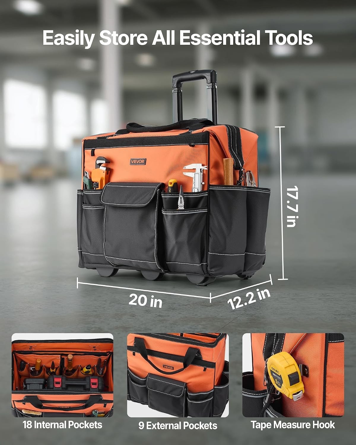 Heavy Duty 20″ Tool Bag on Wheels: 110 lbs Load, 27 Pocket Organizer