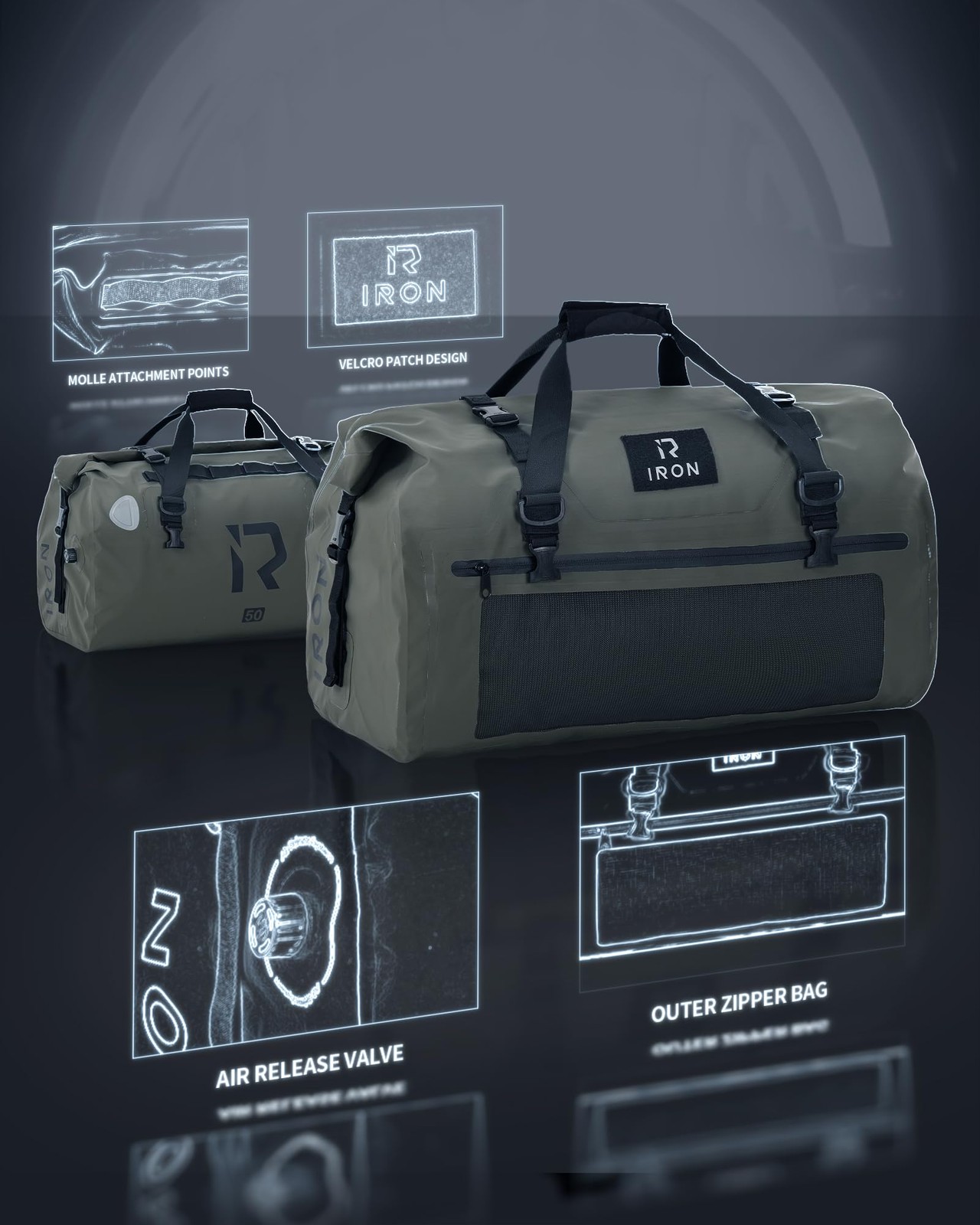 Waterproof Motorcycle Duffel Bag 50L Roll Top, Large Storage, Travel Ready