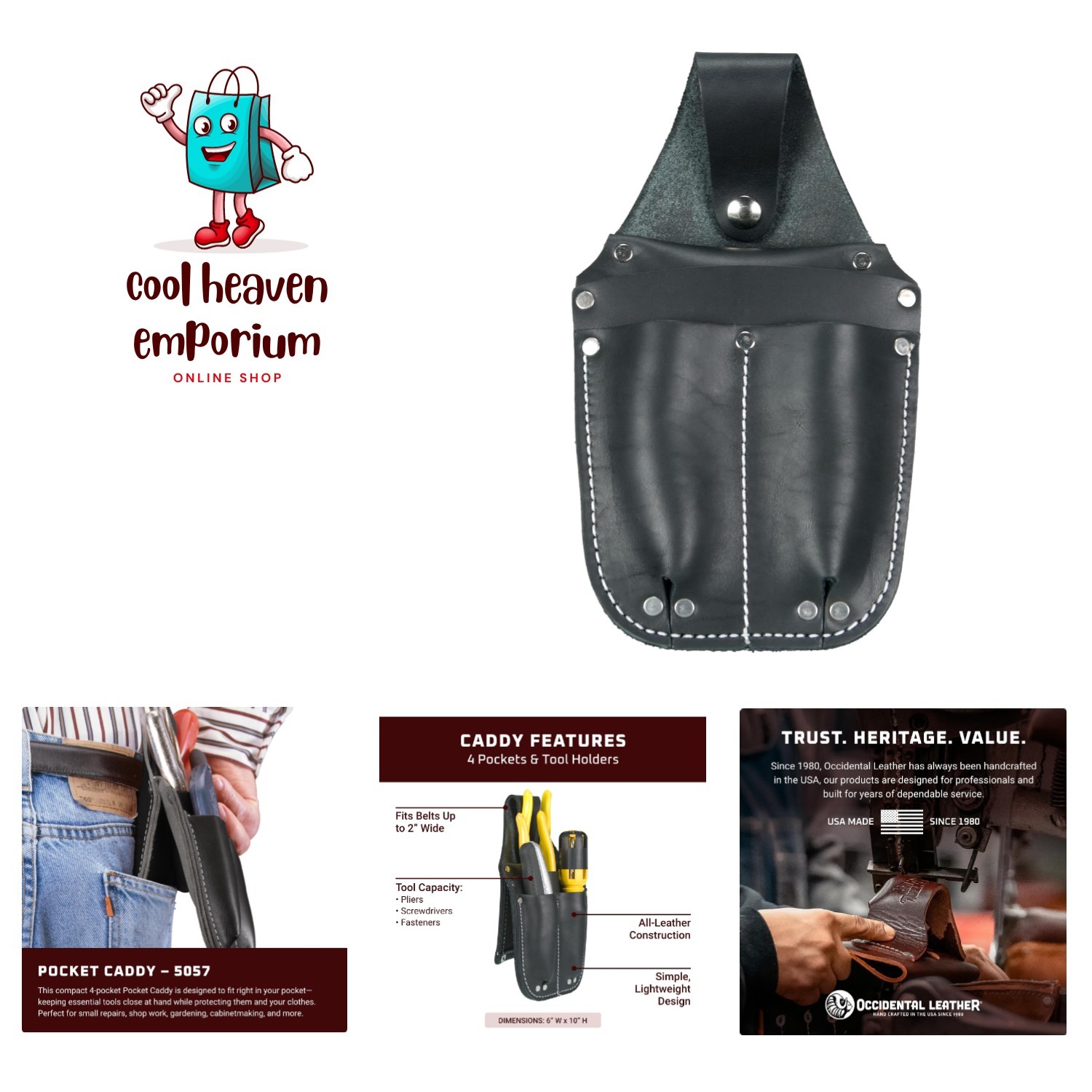 Pocket Caddy – Black – 4 Pockets & Tool Holders – Belt Compatibility Up to 2″…