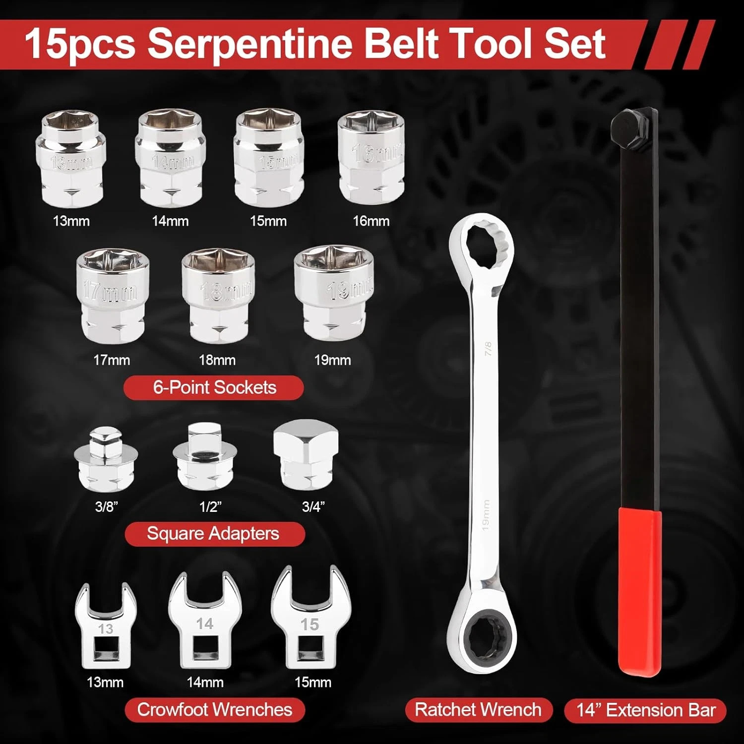 15PCS Serpentine Belt Tool Set, Professional Ratcheting Serpentine Belt Tensione
