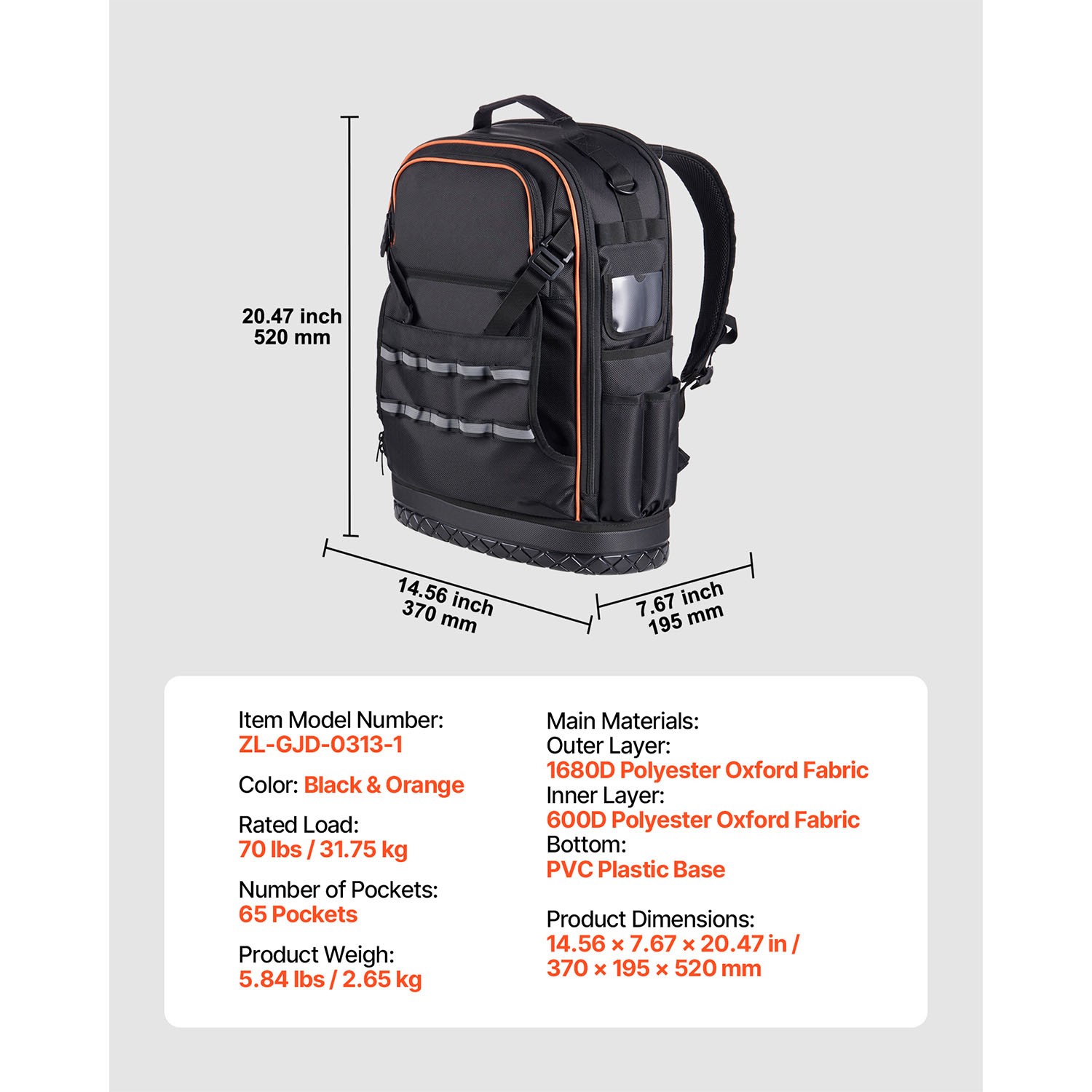 Tool Backpack 65 Pockets Tear-resistant Jobsite Backpack for Electrician