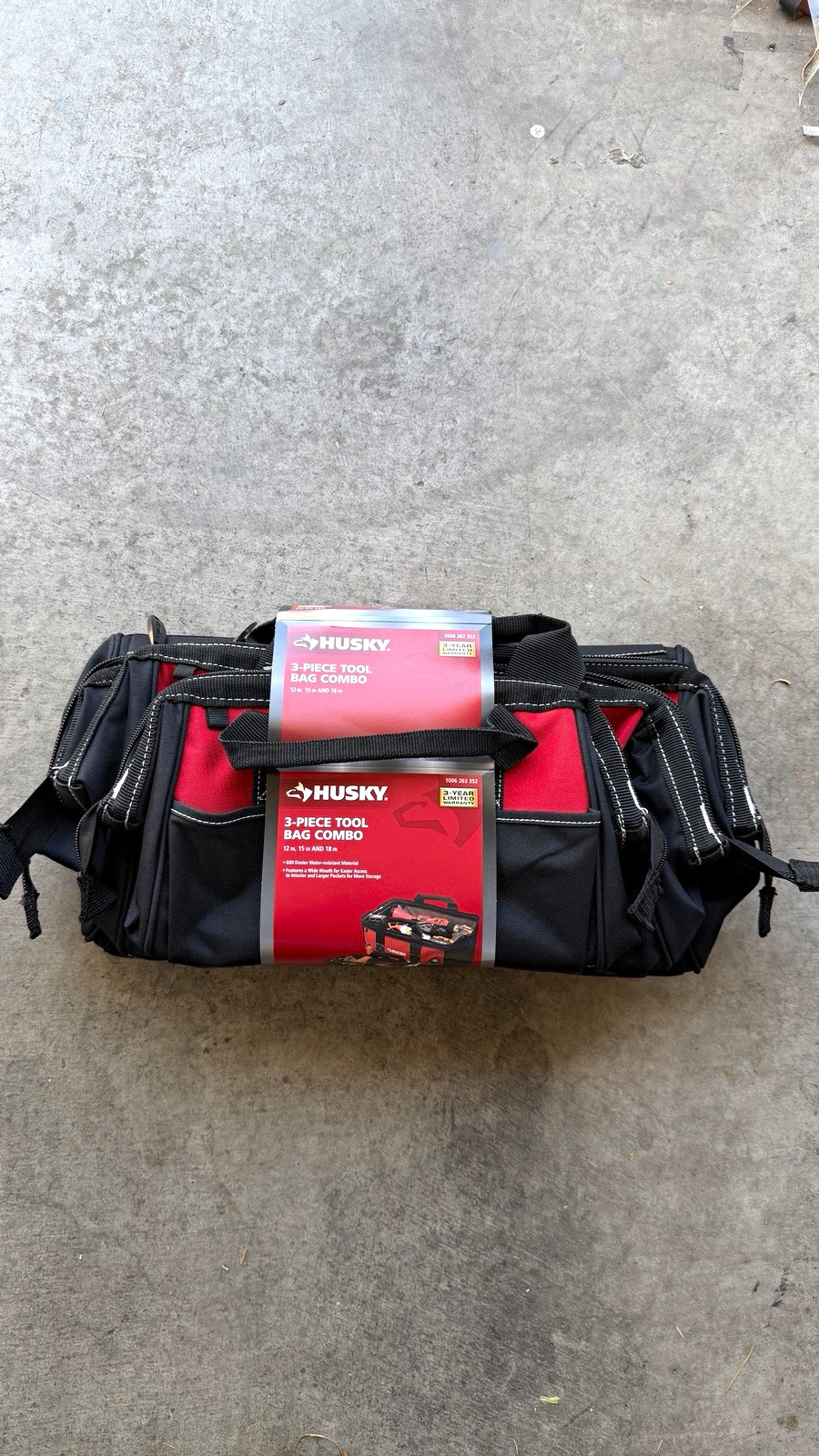 Husky 3-Piece Tool Bag Set 18/15/12 in Polyester Black/Red w/ Handle
