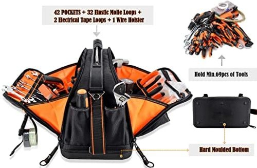WELKINLAND 42-Pocket Tool Organizer, 16- Inch Hard Bottom Tool Bag | Heavy-Du…