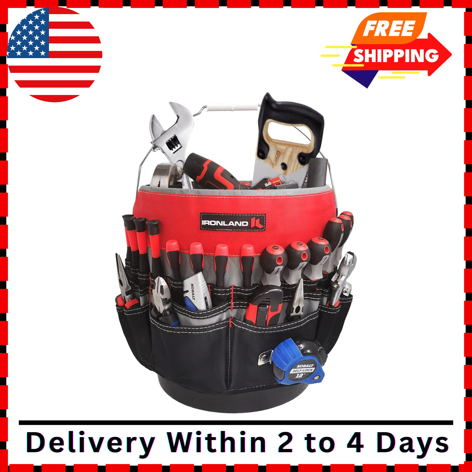 IRONLAND Bucket Tool Organizer 51 Pockets Caddy for 3.5 to 5 Gallon Buckets