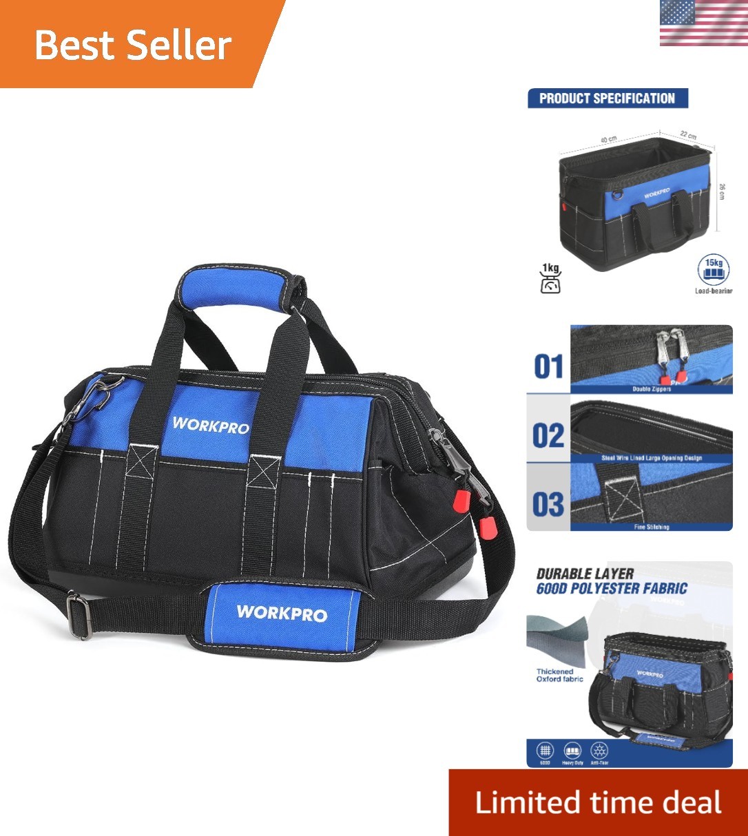16-Inch Wide Mouth Waterproof Tool Bag with Padded Handle – Organized & Durable