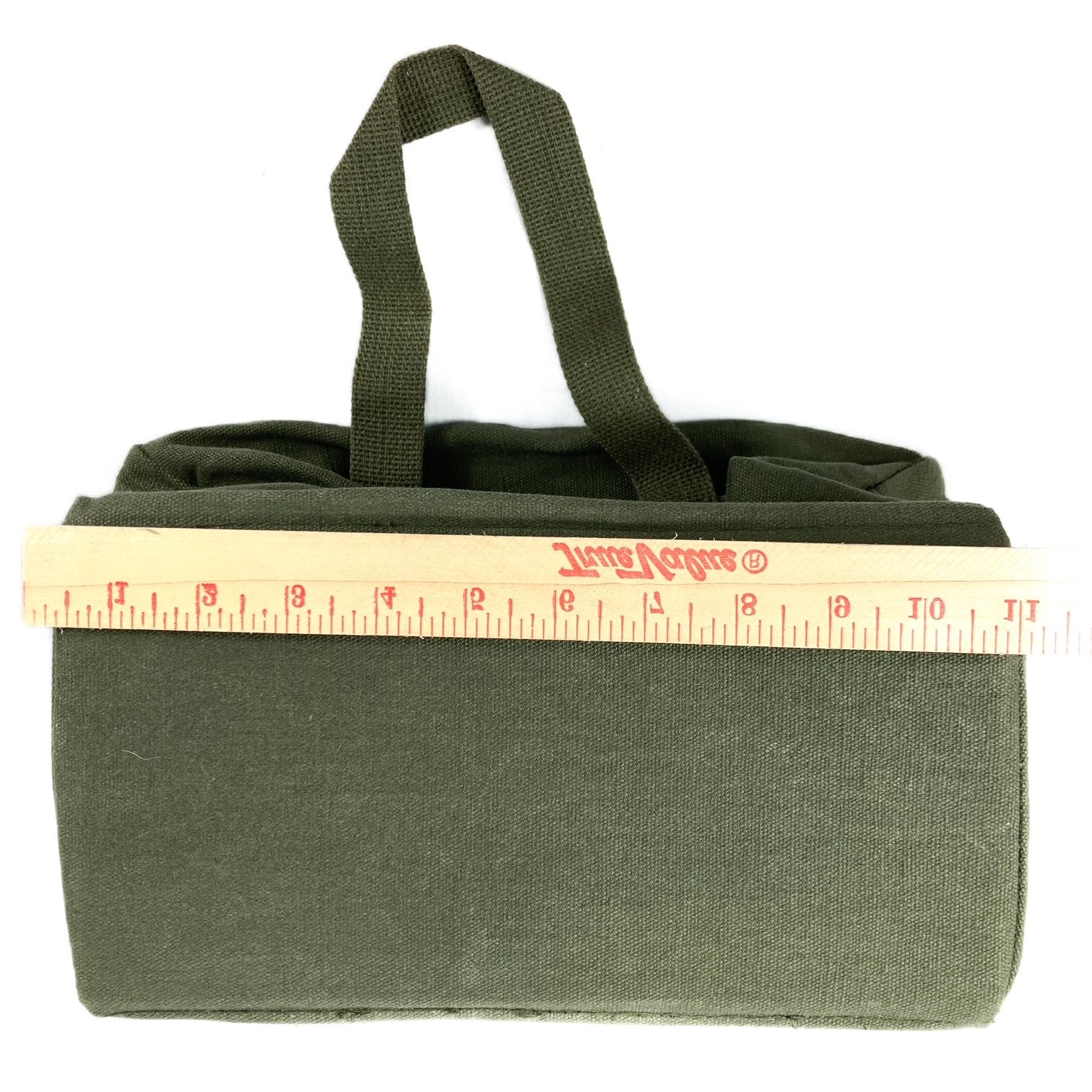 Green Canvas Tool Bag with side snap pocket reinforced bottom & zipper closure