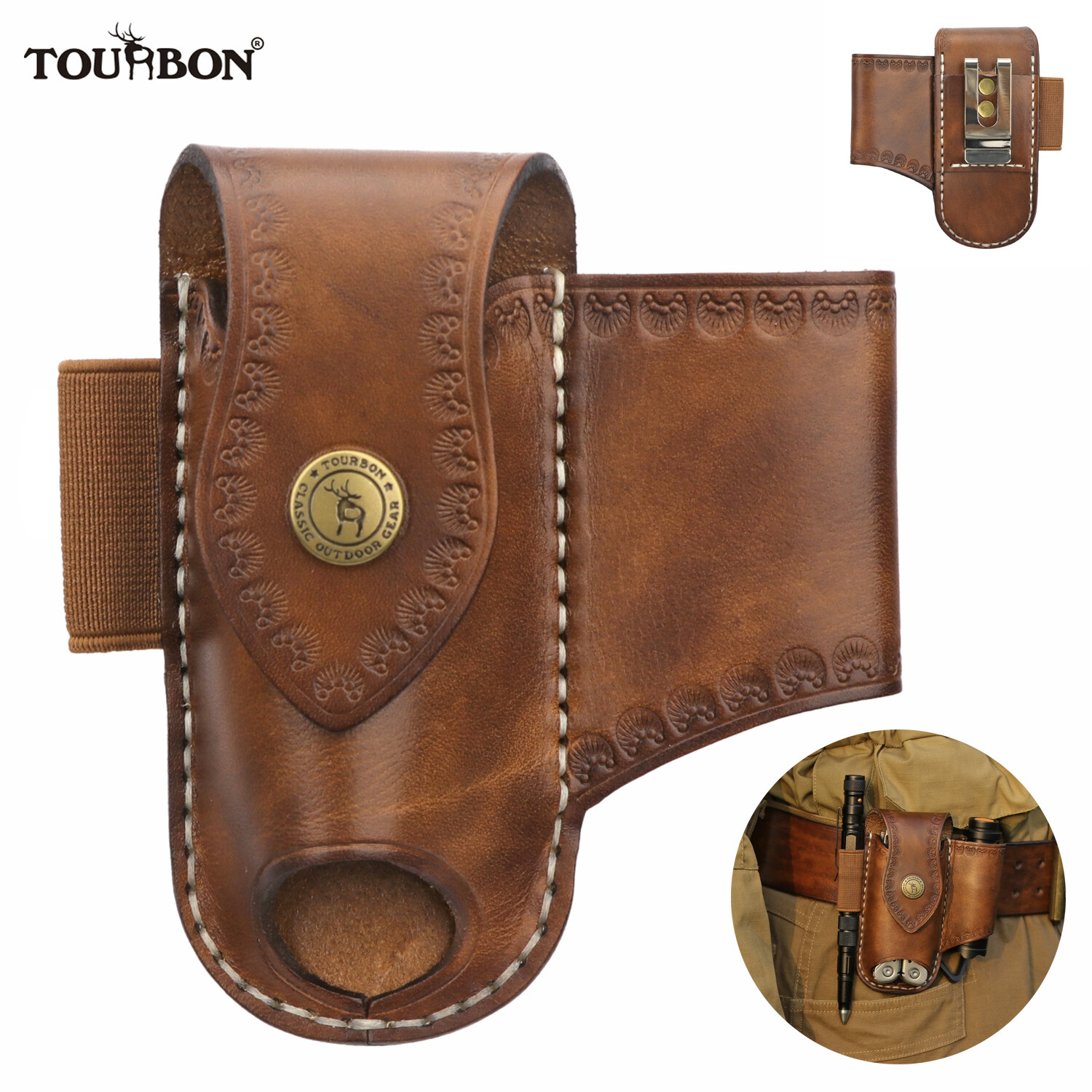Tourbon 3-Way Tool Carrier Belt Pouch Folding Knife/Flashlight/Pencil Holster US
