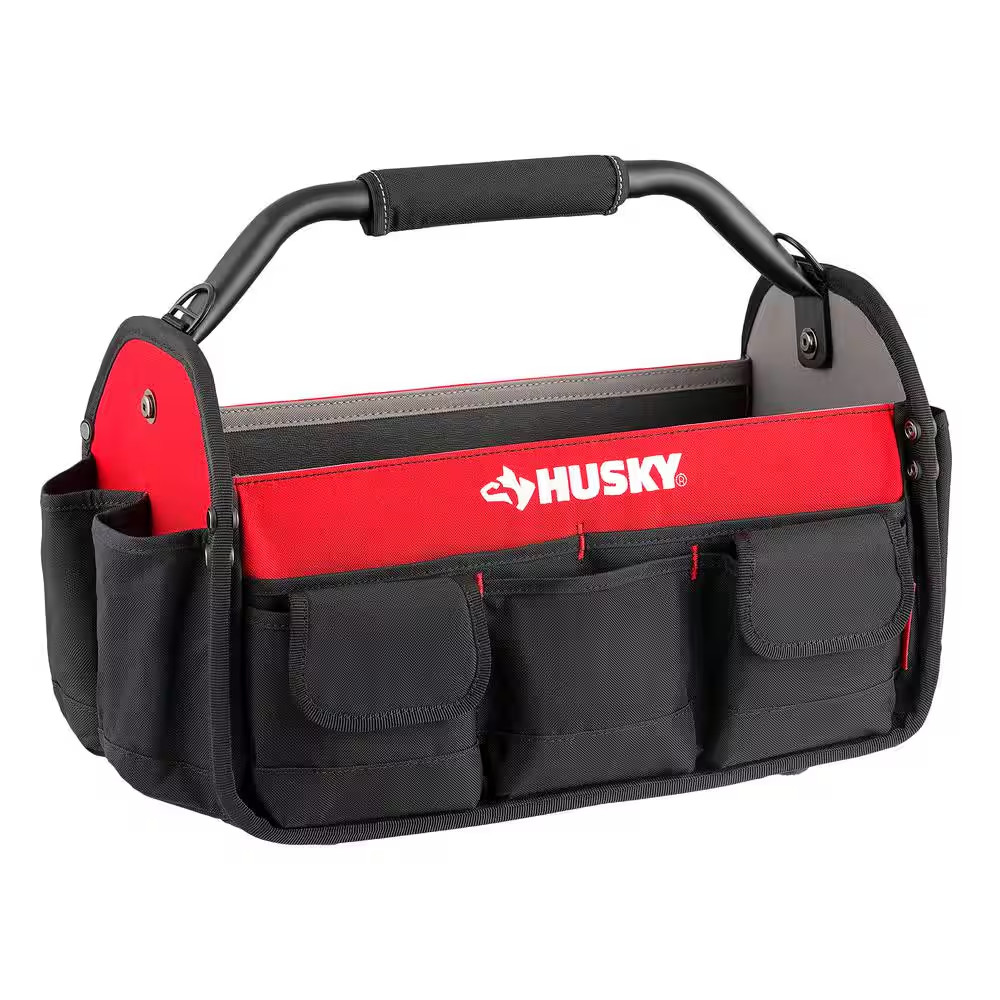 Husky Tool Bag 17 in 18 Pocket Open Top Padded Handle Weatherproof Polypropylene