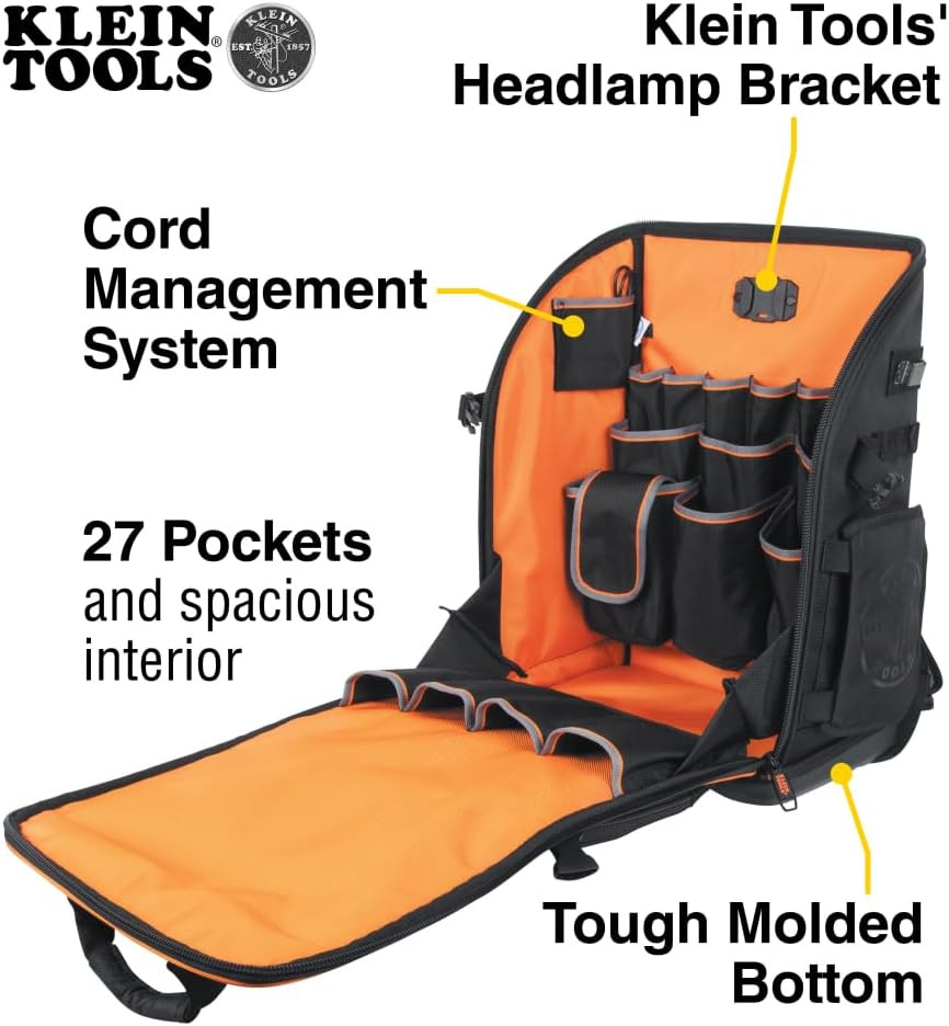 Klein Tools 62482 Tool Backpack, Tool-Station Pro Heavy-Duty Organizer with 27 P