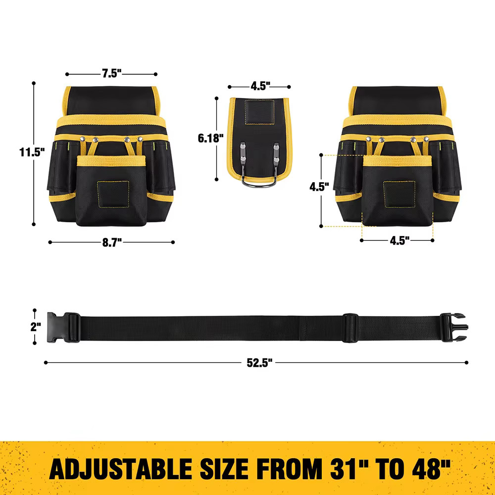 Waterproof Magnetic 22-Pocket Adjustable Tool Belt & Waist Bag with 12L Capacity