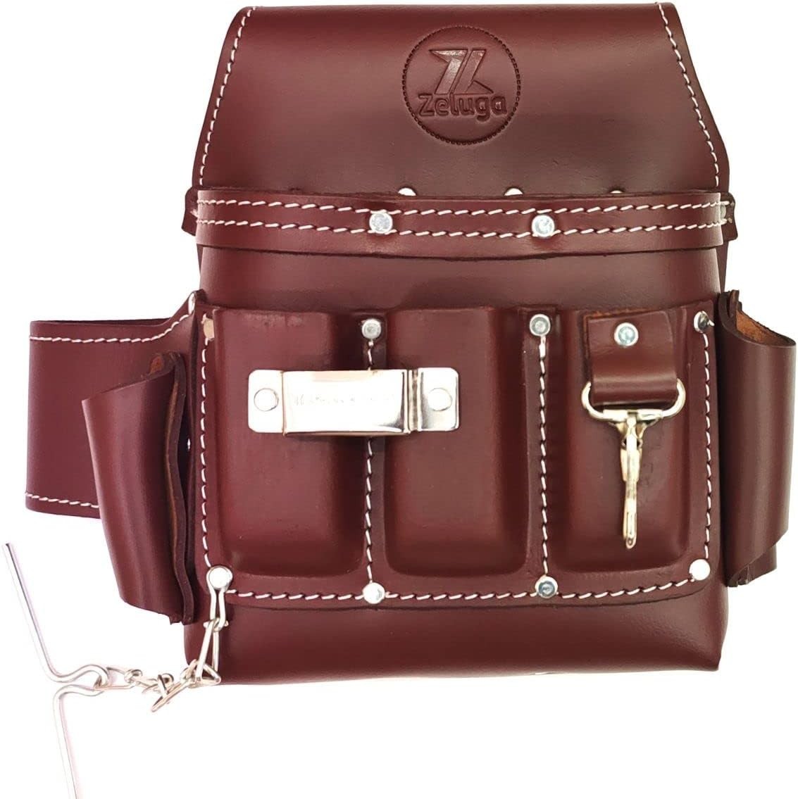 Zeluga 6 Pockets Leather Electrician Tool Pouch, Cherry, Heavy-Duty Stitched