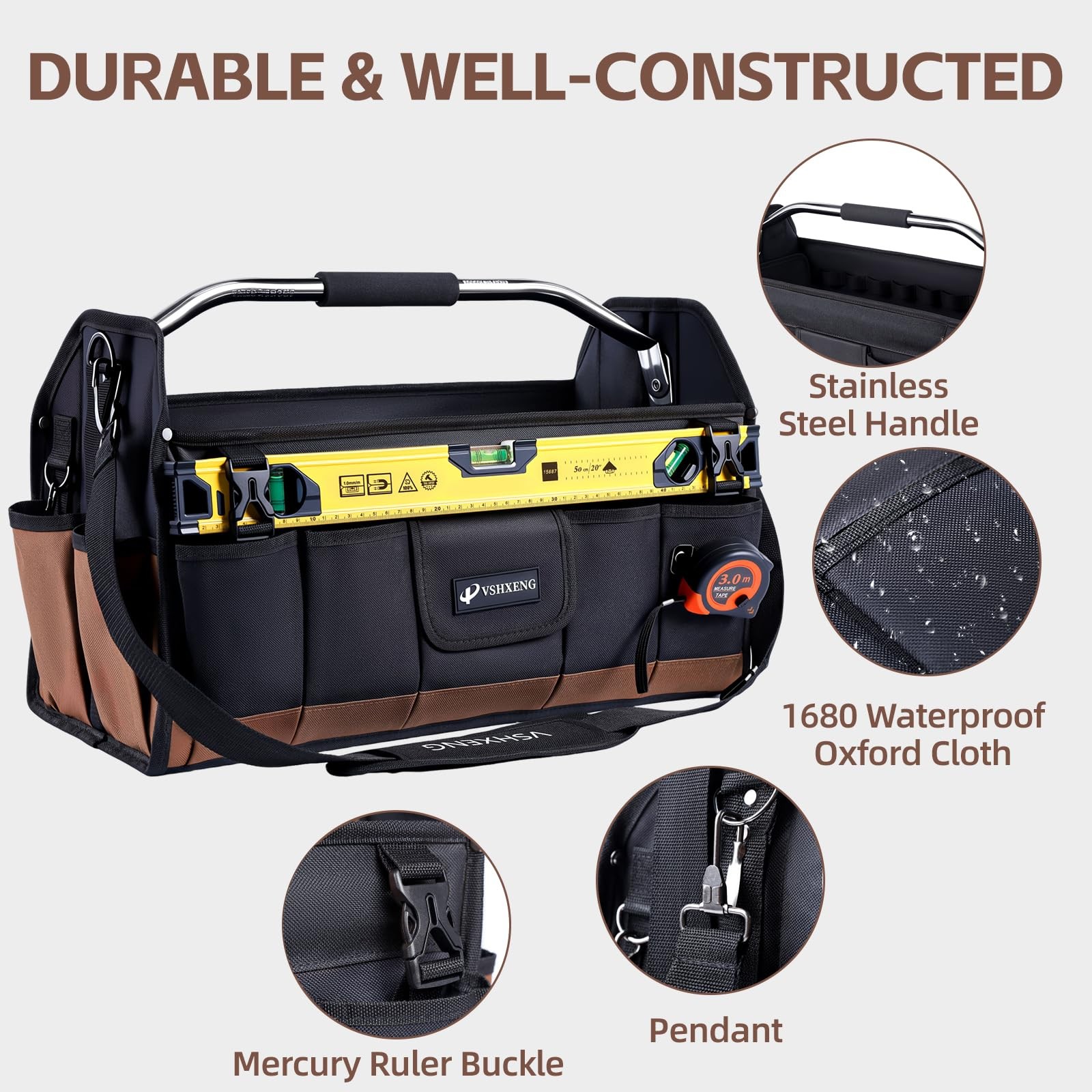 20 Inch Tool Bag Foldable 19 Pockets Organizer Open Top Tote Shoulder Strap