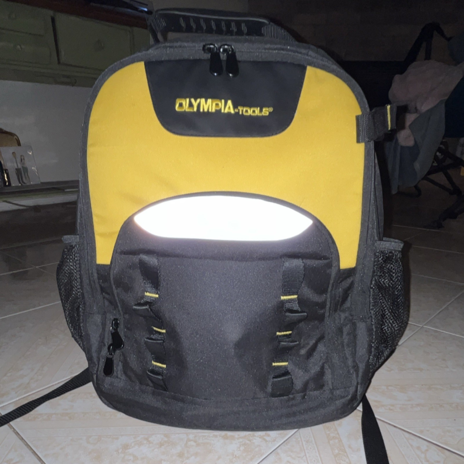 Olympia Tools Tool Backpack Black Yellow Multiple Pockets Adjustable Straps