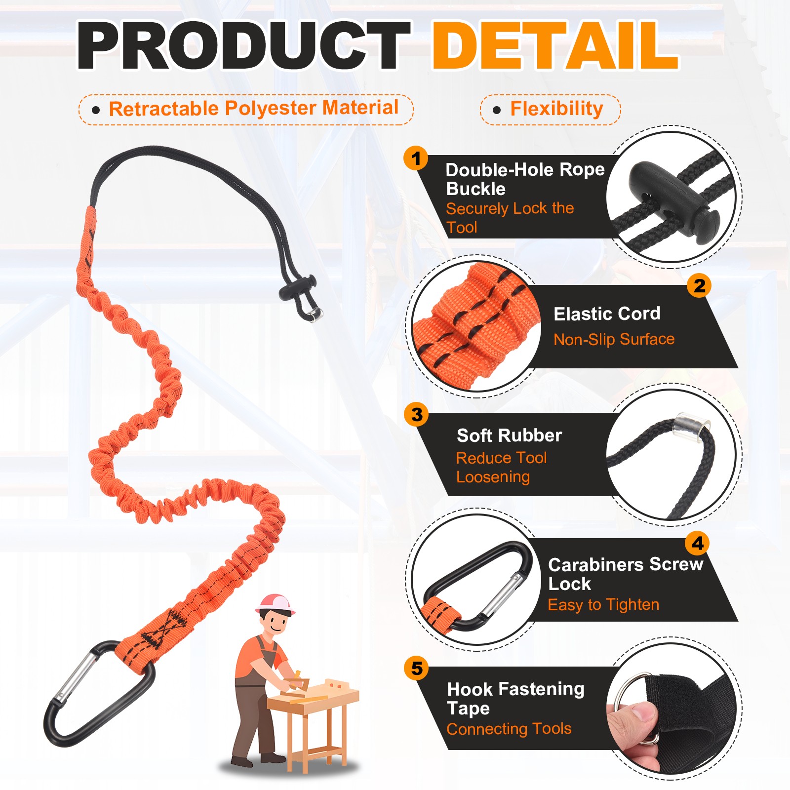 Tool Lanyard with Hook Fastening Tape Loop End (10kg/22lb), (Orange)