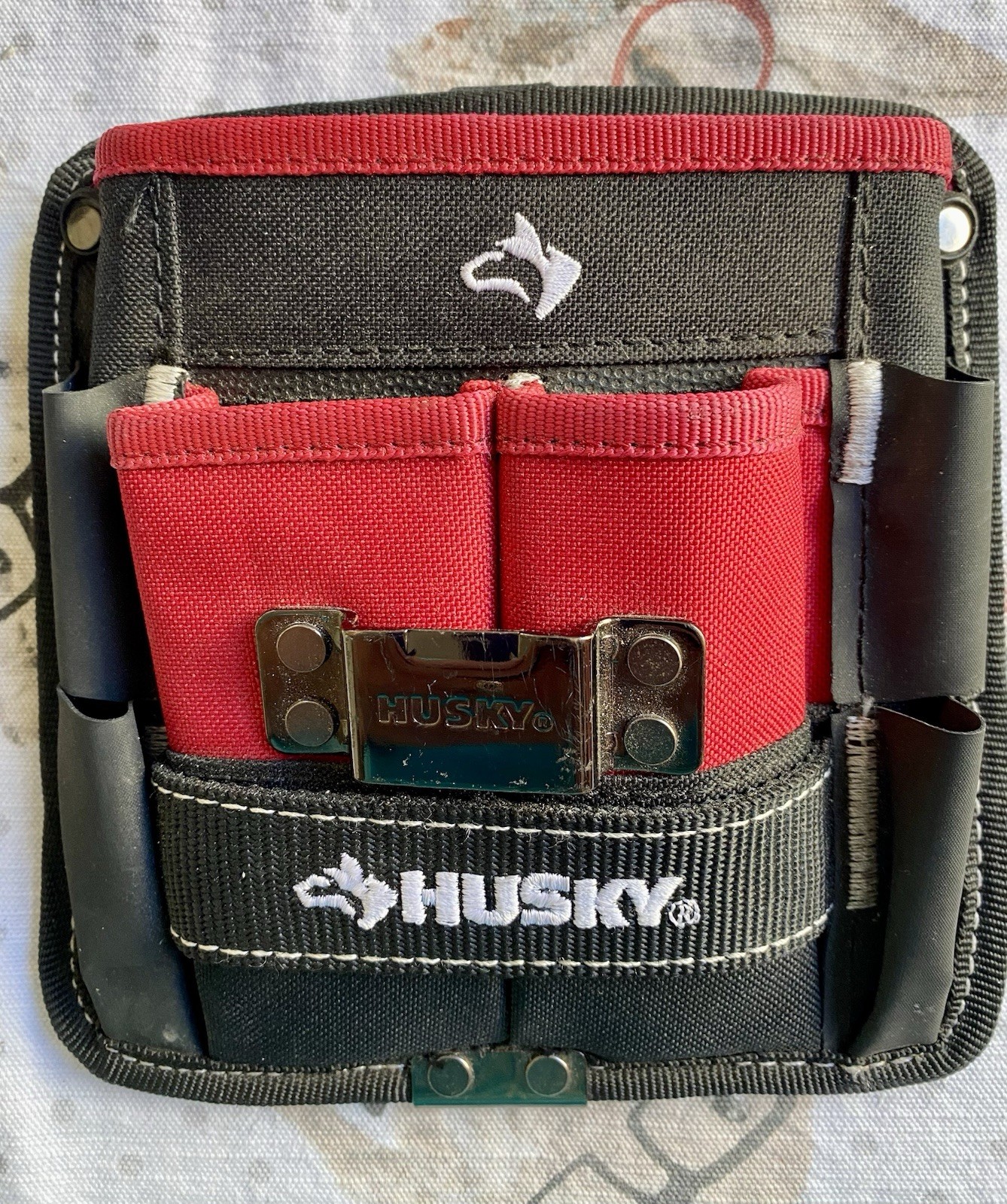 Husky & Kobalt Tool Pouches Set of 3, Multi-Pocket, Metal Clip, Black/Red/Blue