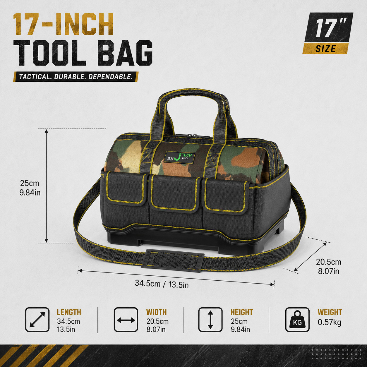 Heavy Duty Waterproof Tool Bag Hard Bottom Camo Organizer 17″ 19″ 21″