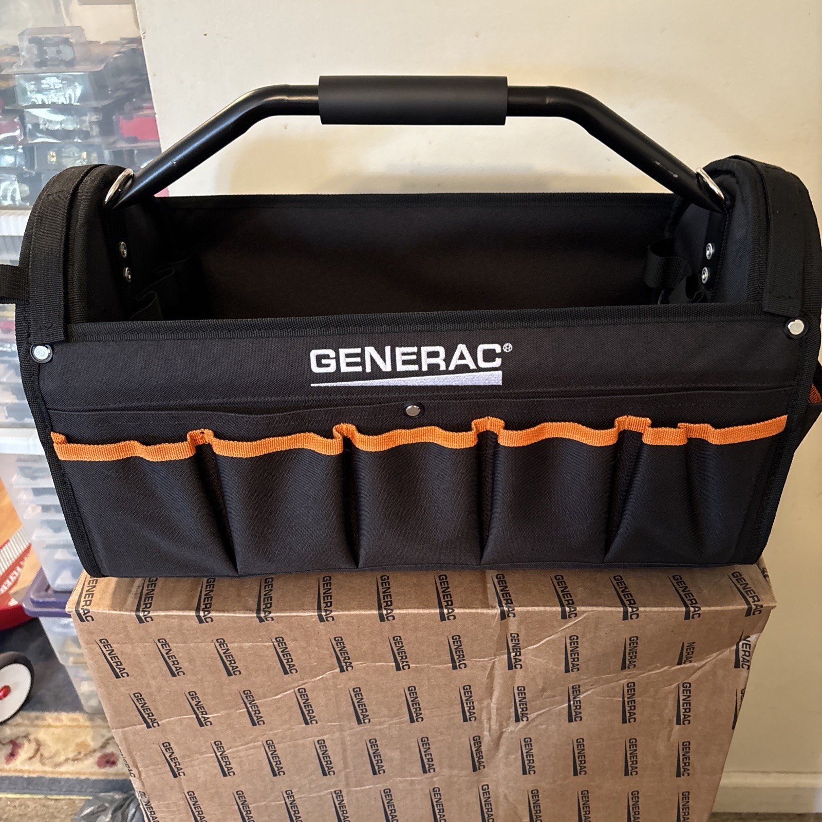 Generic Tool Tote Bag, W Metal Handle, Shoulder Strap, New In Box, Hard Bottom