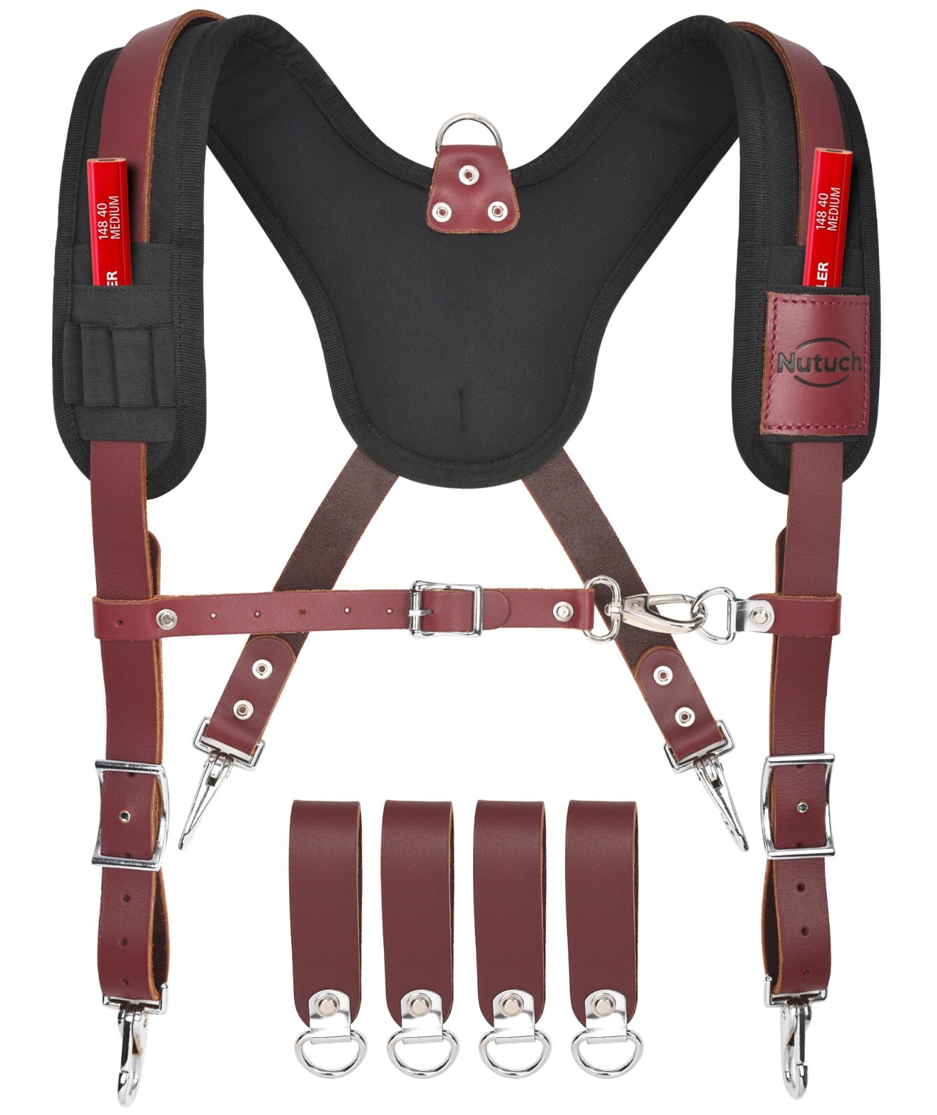 NUTUCH Heavy Duty Leather Work Suspender With Pockets | Tool Belt Suspender