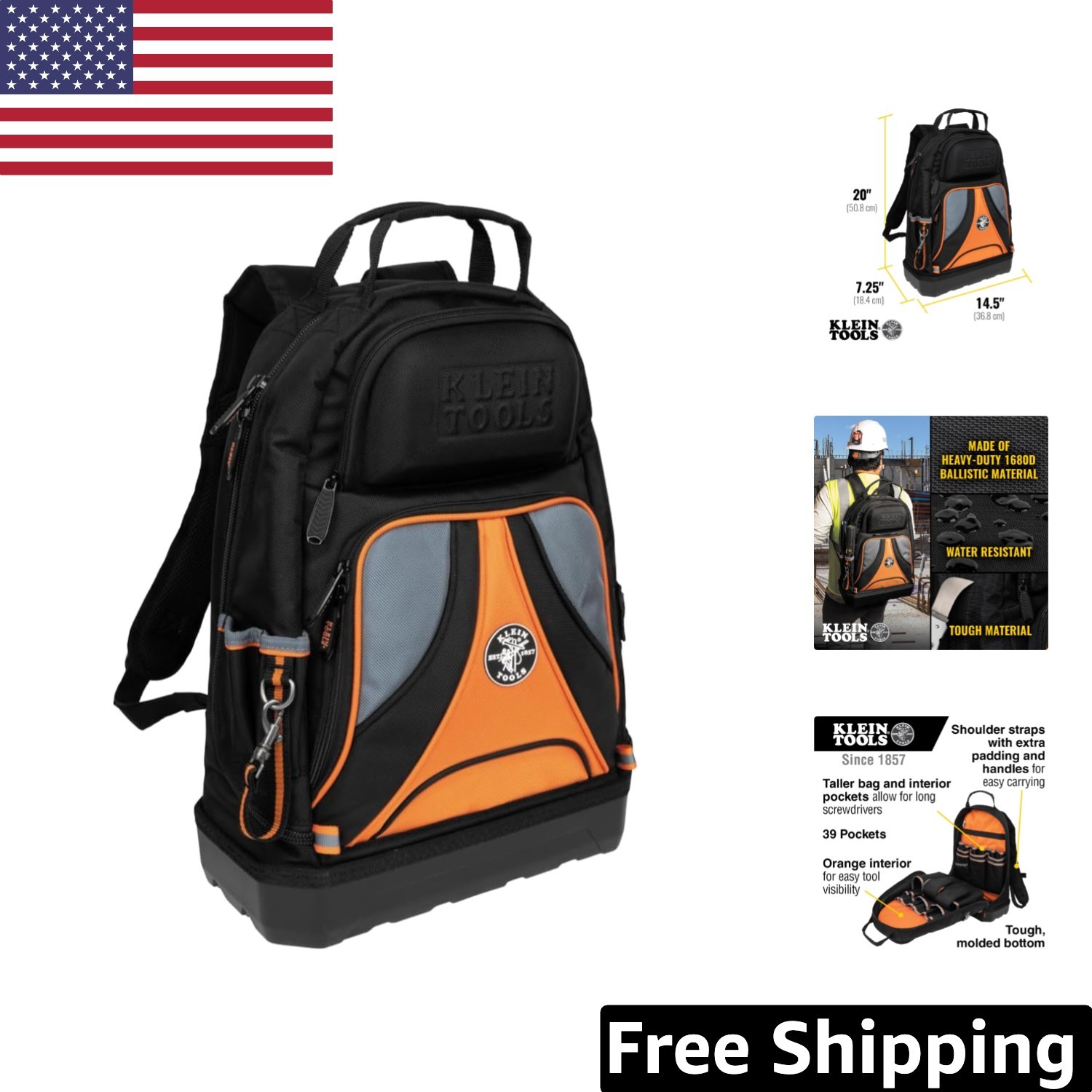 Klein Tools 55421BP-14 Heavy-Duty Tool Backpack with 39 Pockets & Molded Base