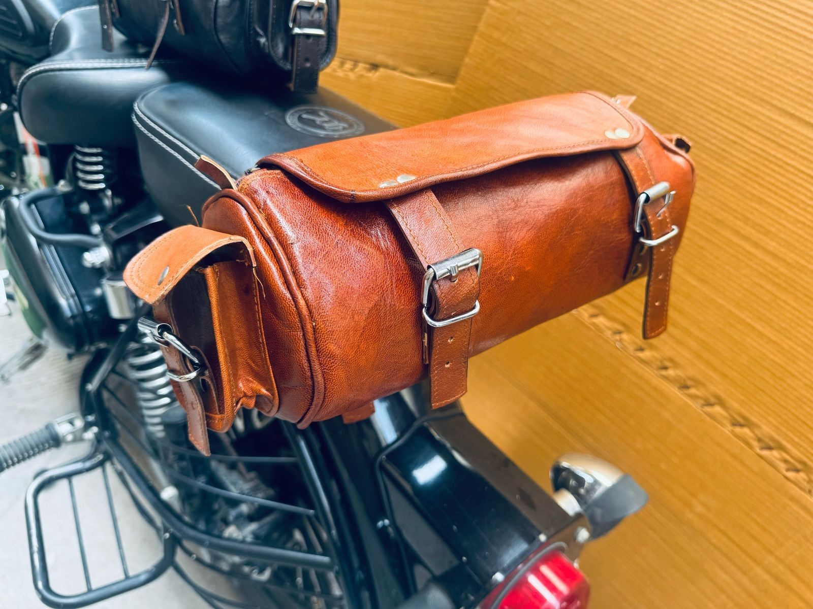 Leather Motorcycle Bag Genuine Goat Vintage Strap Tool Buckle Closure Classic
