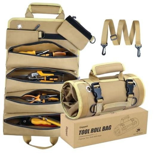 Roll Up Tool Bag, Heavy Duty Tool Organizer with 2 Detachable Pouches, Khaki